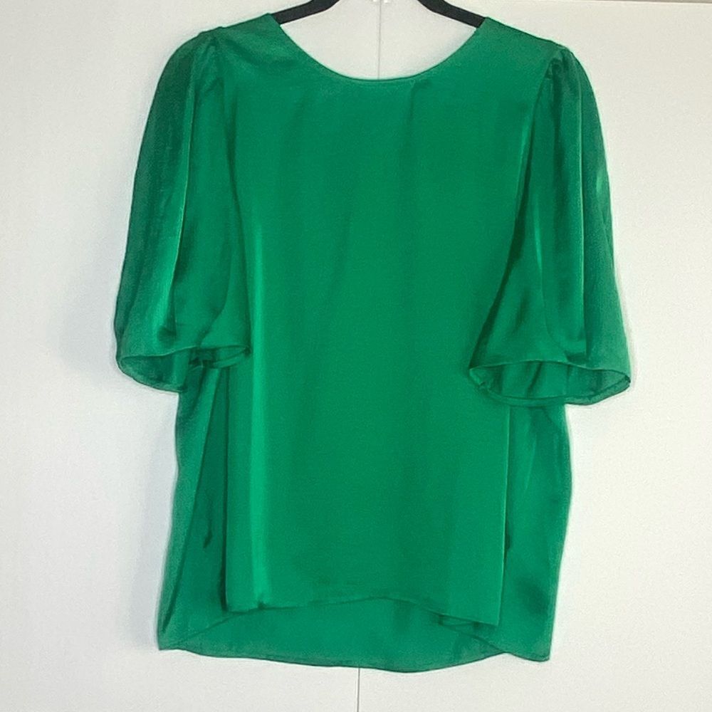 Pleione Green Sheer Blouse Flutter Sleeve Hi-Low Hem Size L
